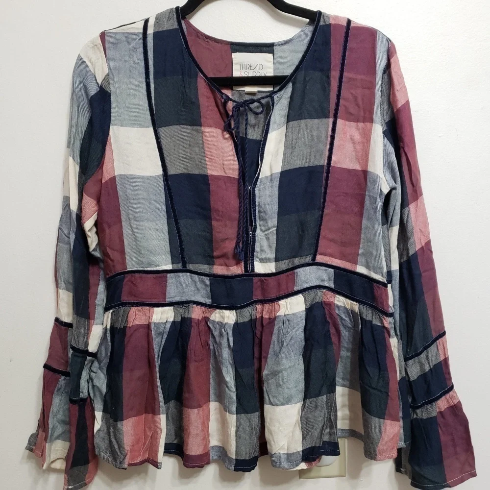 Thread & Supply Plaid Velvet Trim Peplum Top, sz M - Picture 1 of 8